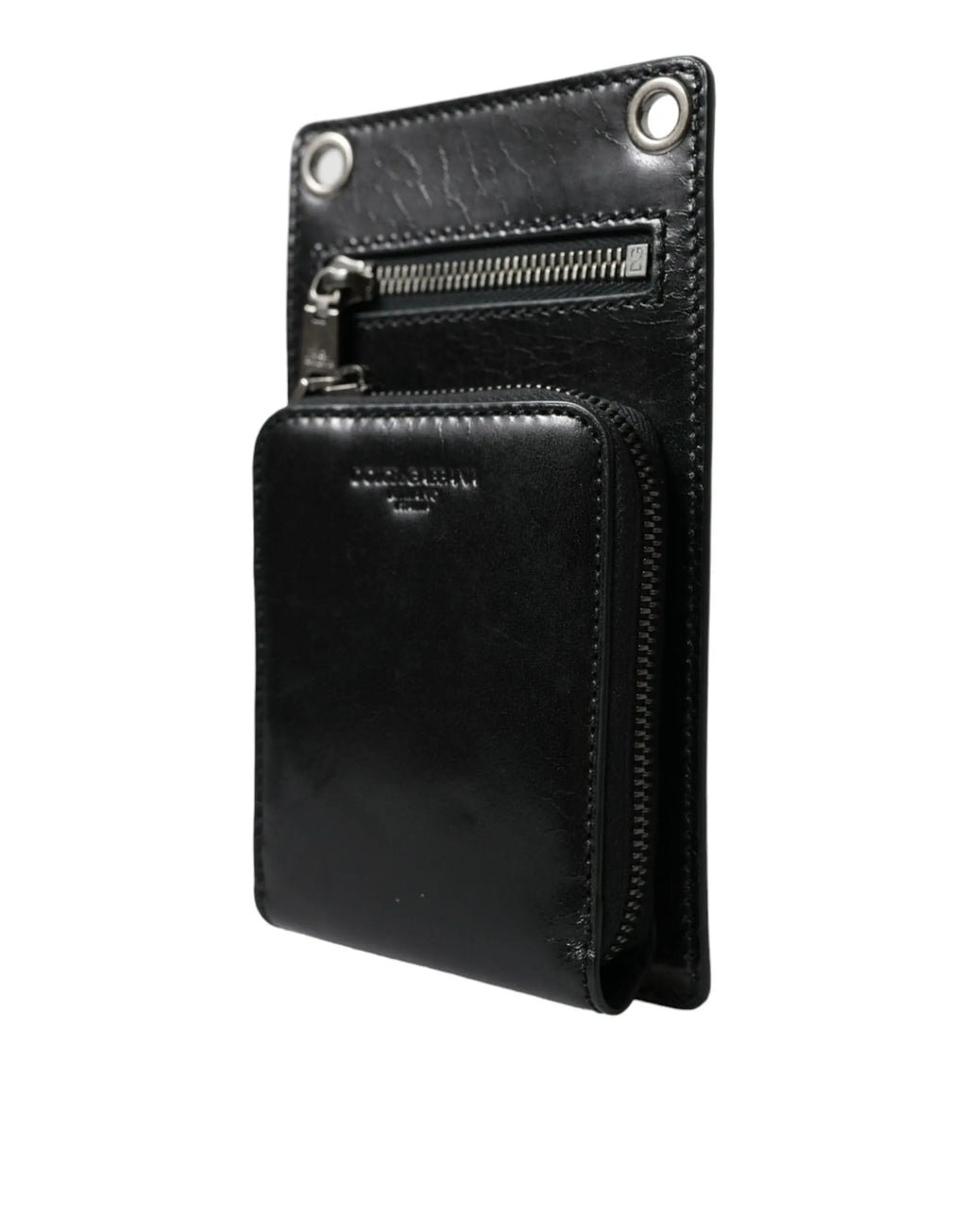 Portefeuille dolce & gabbana noir en cuir de cheval avec fermeture éclair argentée et œillets métalliques