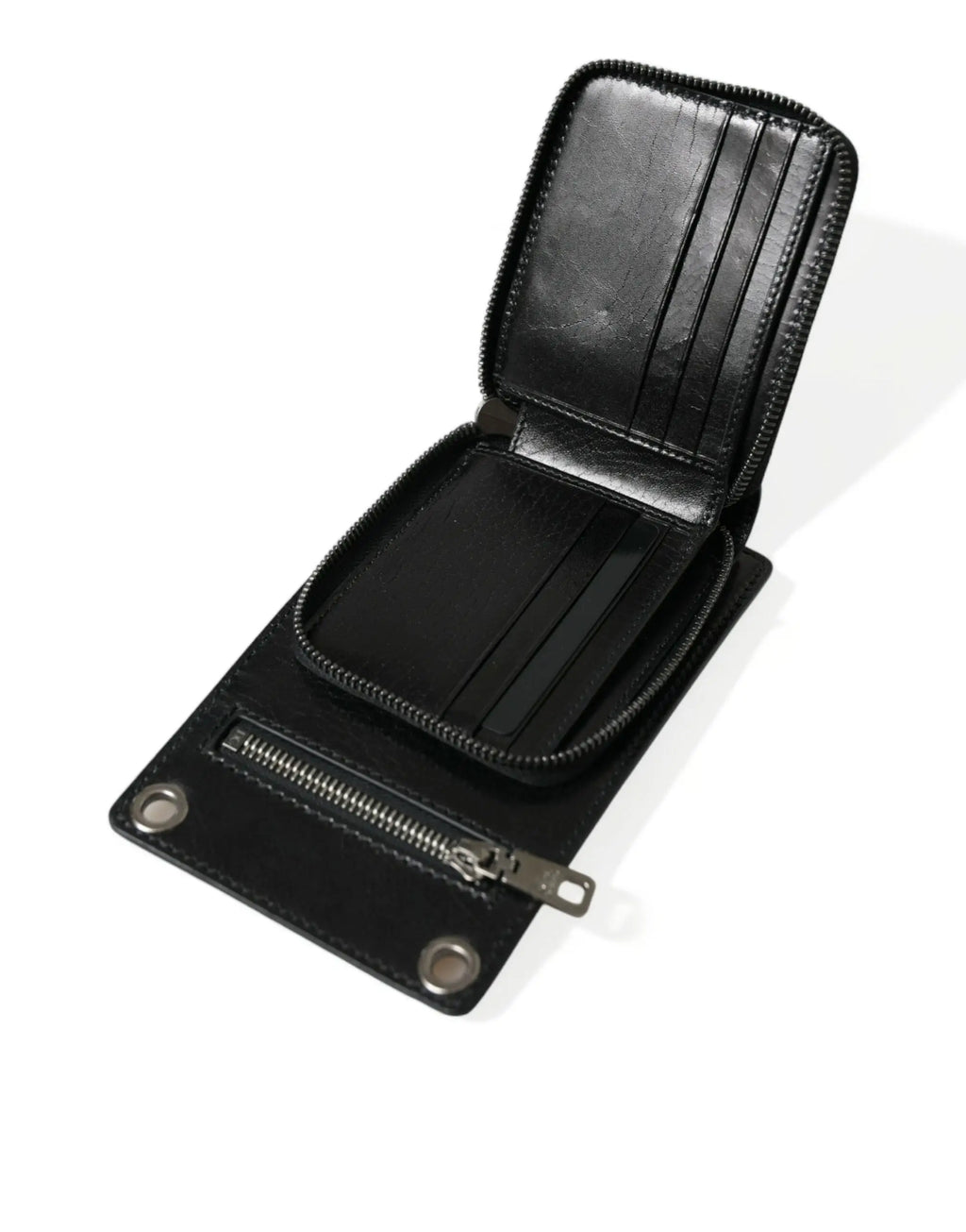 Portefeuille dolce & gabbana en cuir de cheval noir avec compartiments zippés et logo en métal argenté
