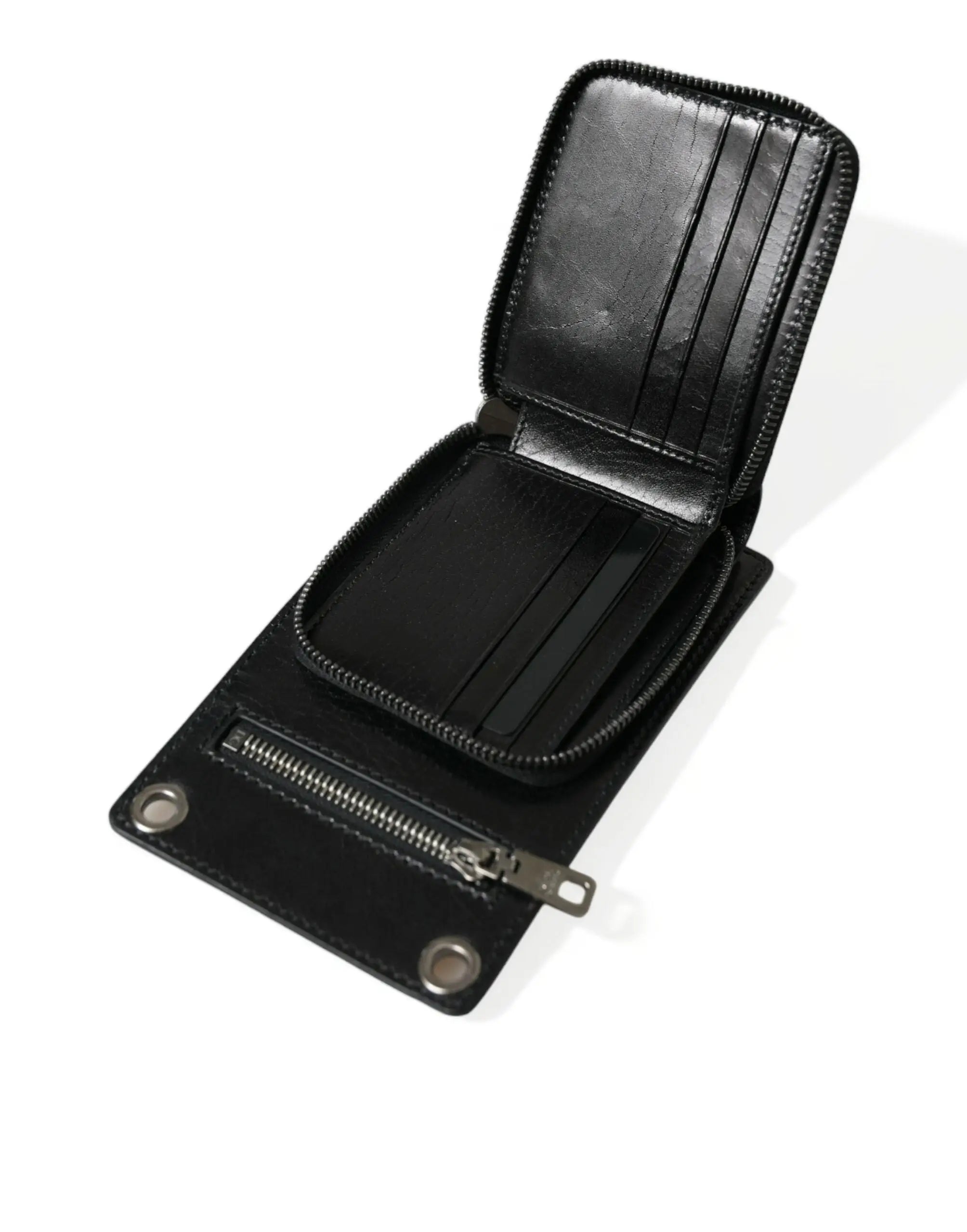 Portefeuille dolce & gabbana en cuir de cheval noir avec compartiments zippés et logo en métal argenté