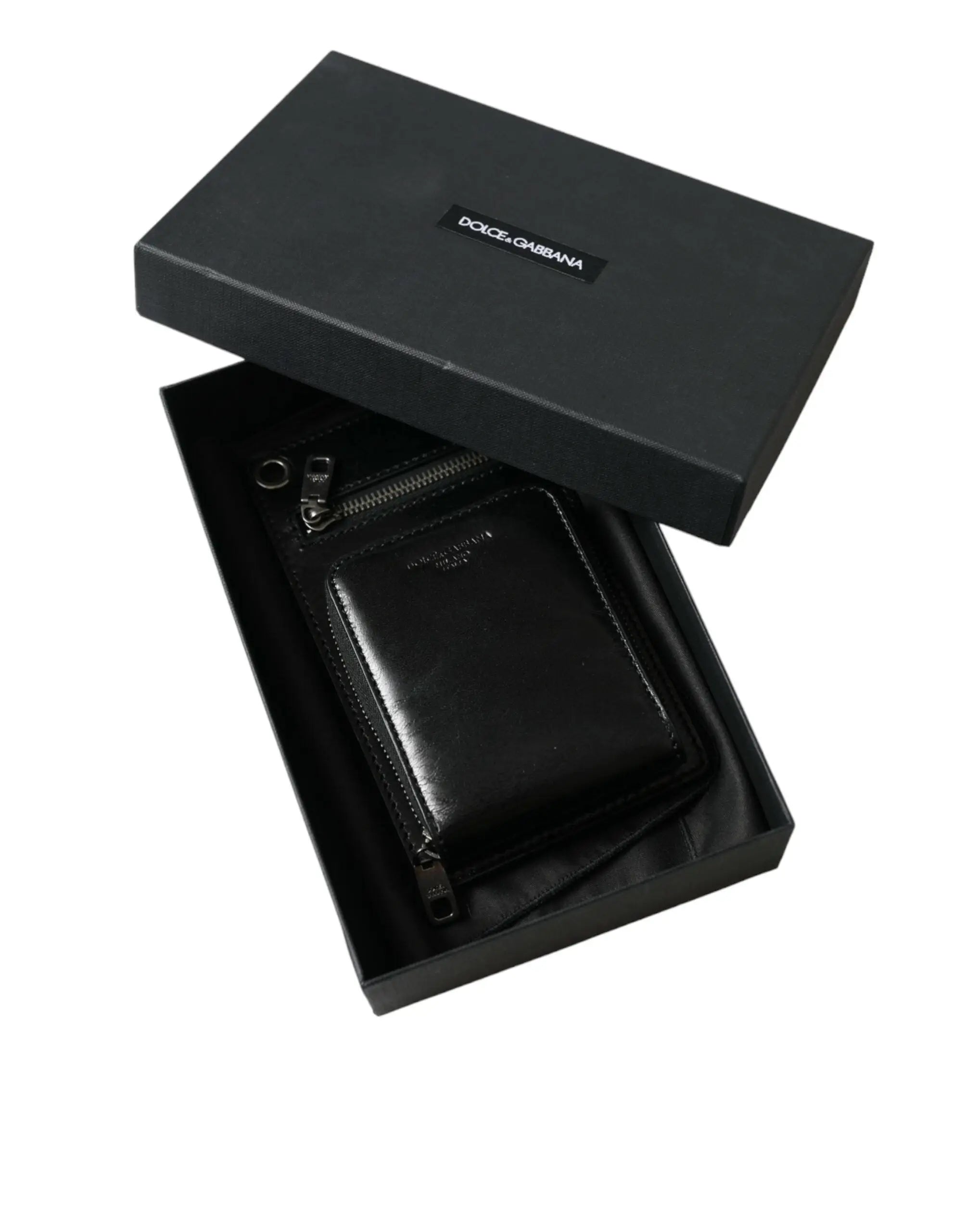 Portefeuille dolce & gabbana noir en cuir cheval avec fermeture éclair et logo métallique pour téléphone crossbody