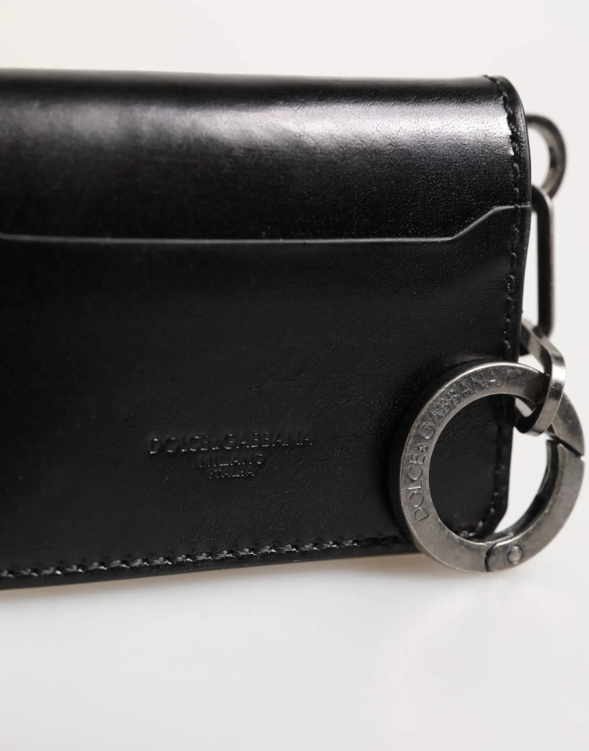 Porte-clés portefeuille dolce & gabbana en cuir noir avec anneau métallique et logo embossé