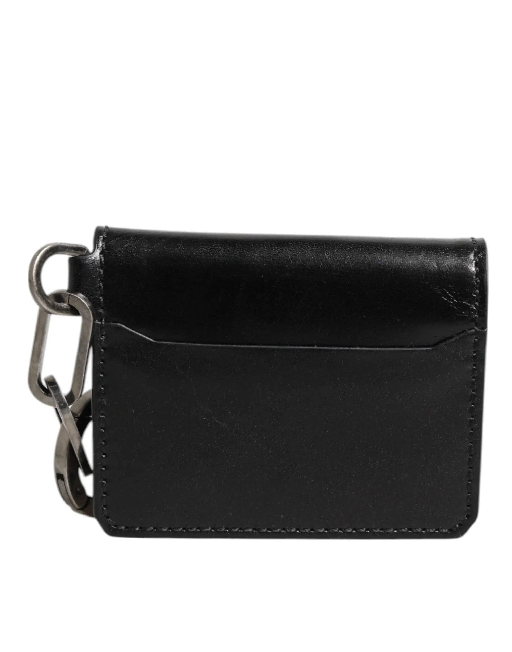 Porte-cartes noir en cuir embossé logo dolce & gabbana avec chaîne et anneau en métal argenté