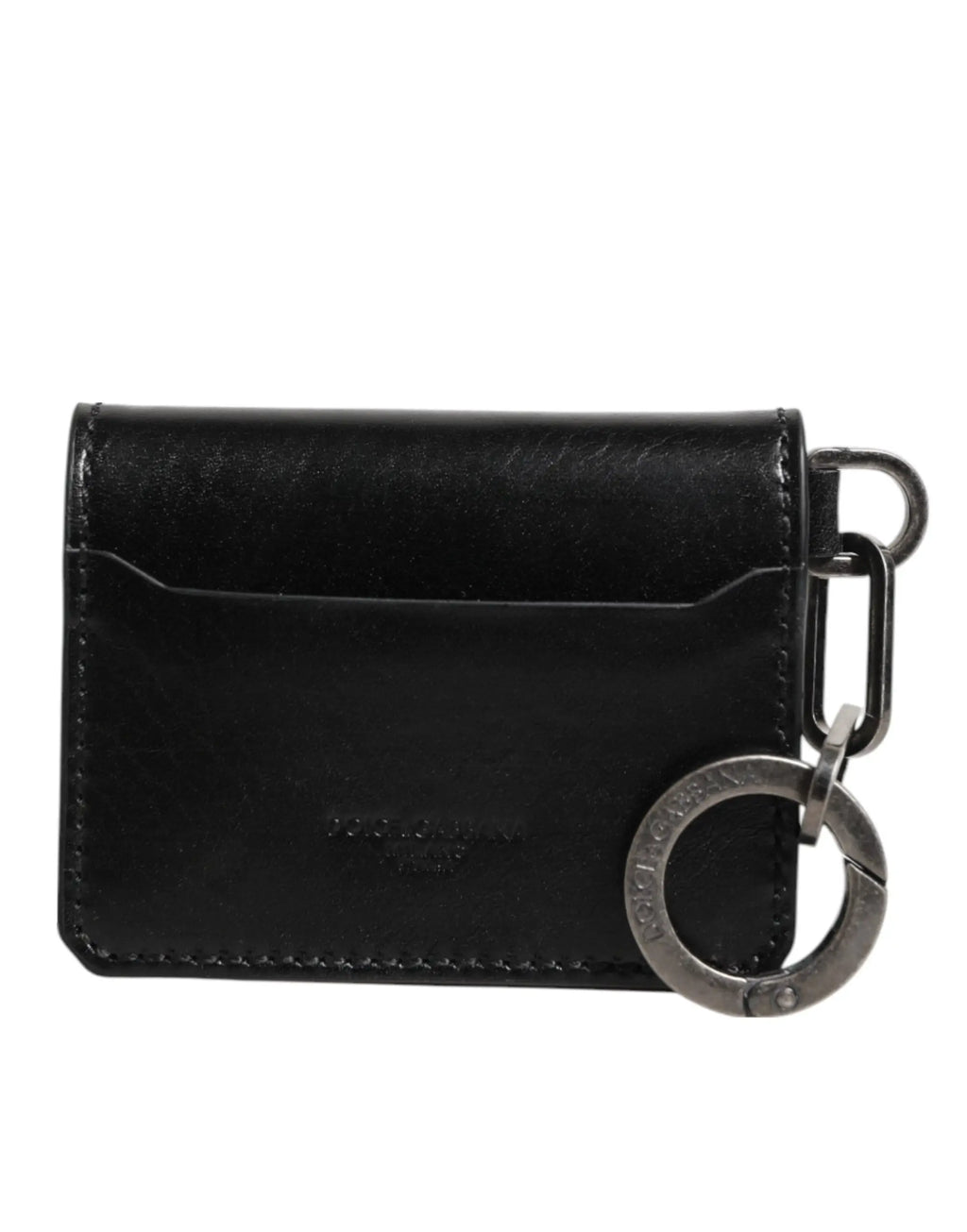 Dolce & gabbana portefeuille porte-cartes en cuir noir embossé avec anneau métallique pour clés