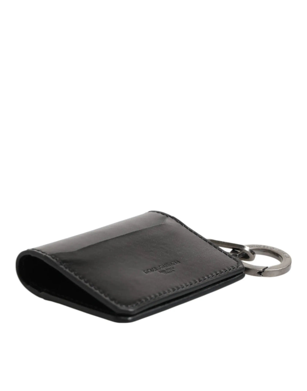 Portefeuille porte-clés en cuir noir dolce gabbana avec logo embossé et anneau métallique argenté minimaliste
