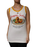 Dolce & Gabbana débardeur blanc avec bordure jaune et motif arancini siciliens sur plaque ornée avec texte rouge cursif