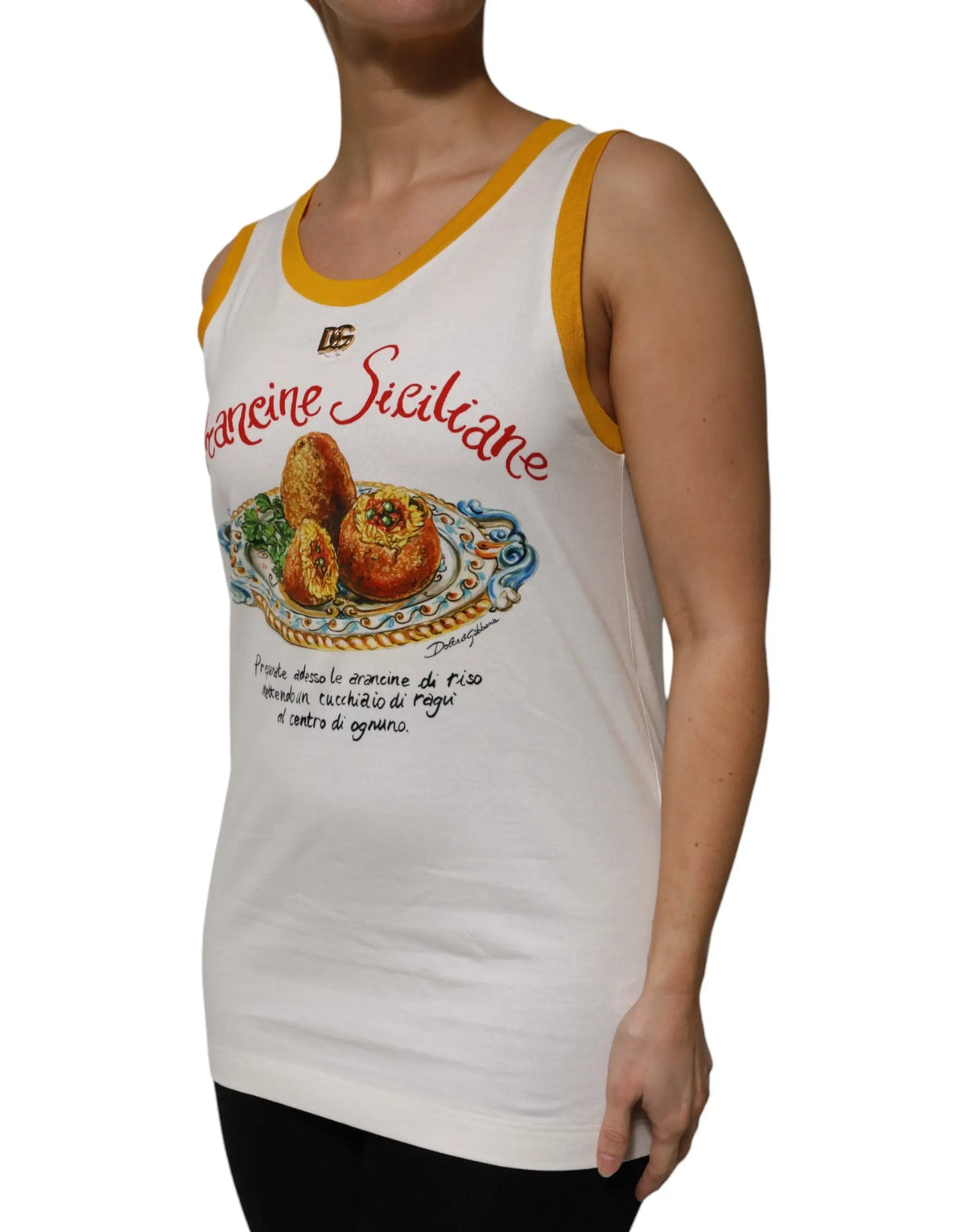 Débardeur sans manches blanc dolce & gabbana avec bordure jaune et motif graphique arancini sicilienne coloré