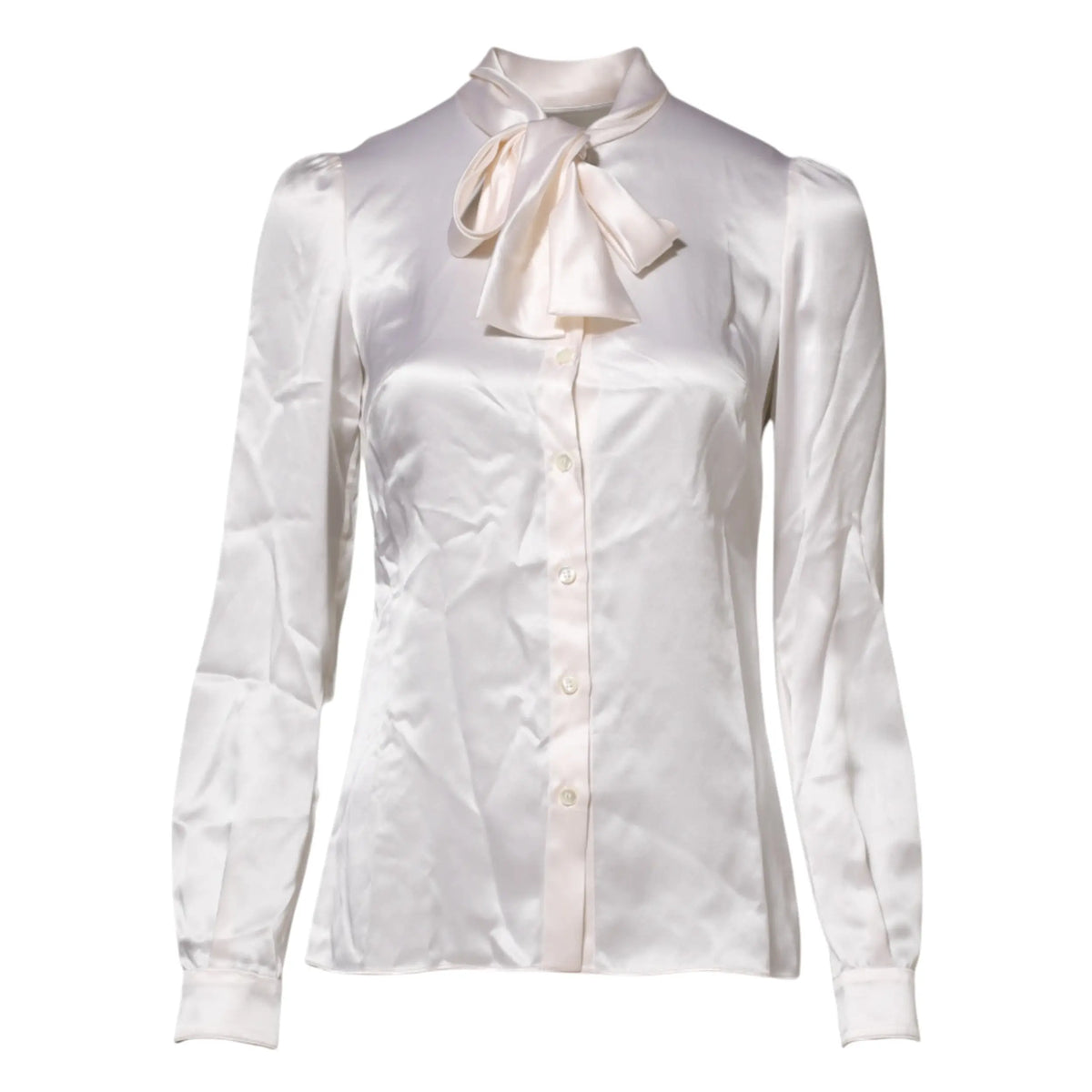 Blouse dolce & gabbana blanche en satin avec col ascot noué et manches longues à boutons sur le devant