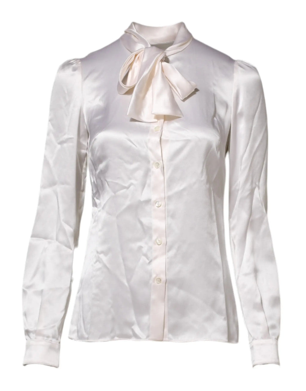 Blouse dolce & gabbana blanche en satin avec col ascot, manches longues et noeud délicat au col
