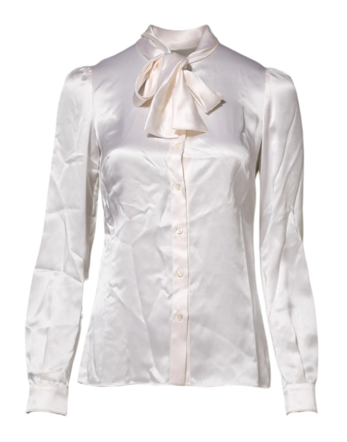Blouse dolce & gabbana blanche en satin avec col ascot, manches longues et noeud délicat au col