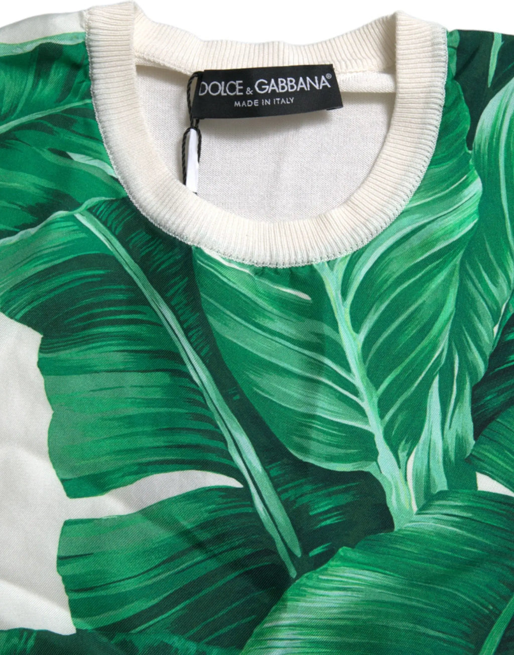 Pull sans manches dolce gabbana blanc à imprimé feuilles de bananier vert vif col rond côtelé crème