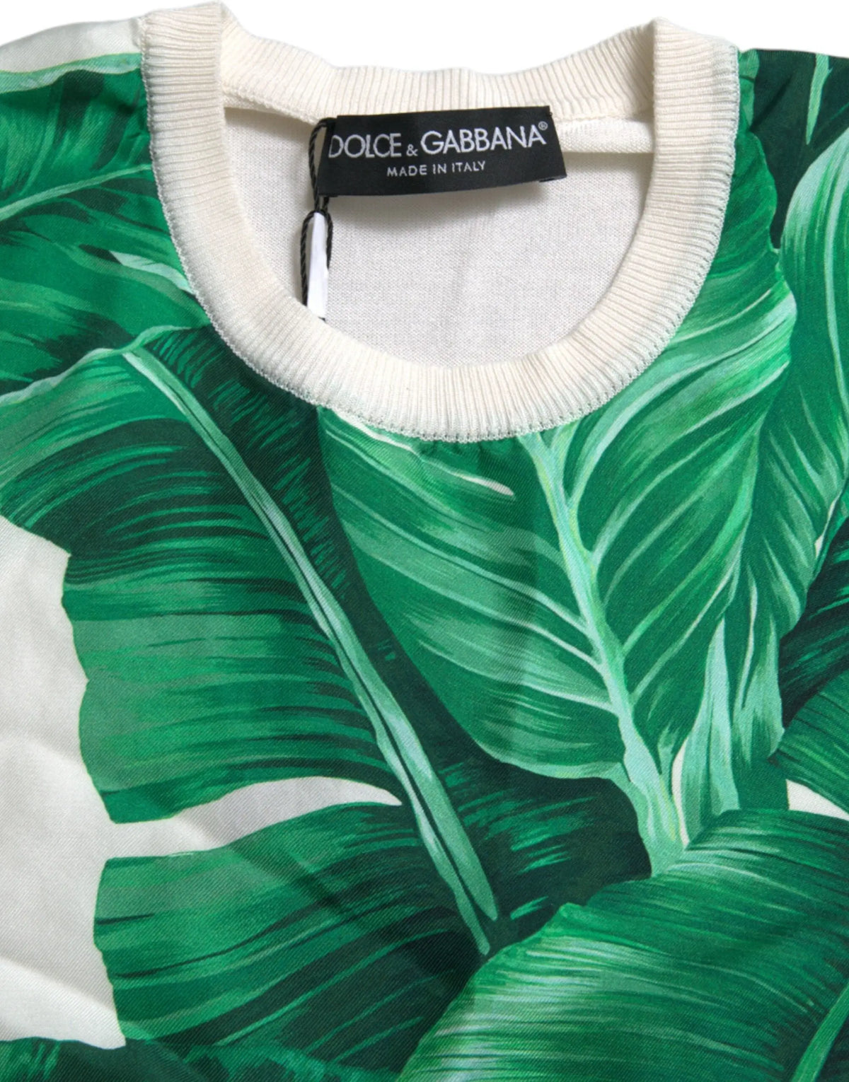 Pull sans manches dolce gabbana blanc à imprimé feuilles de bananier vert vif col rond côtelé crème