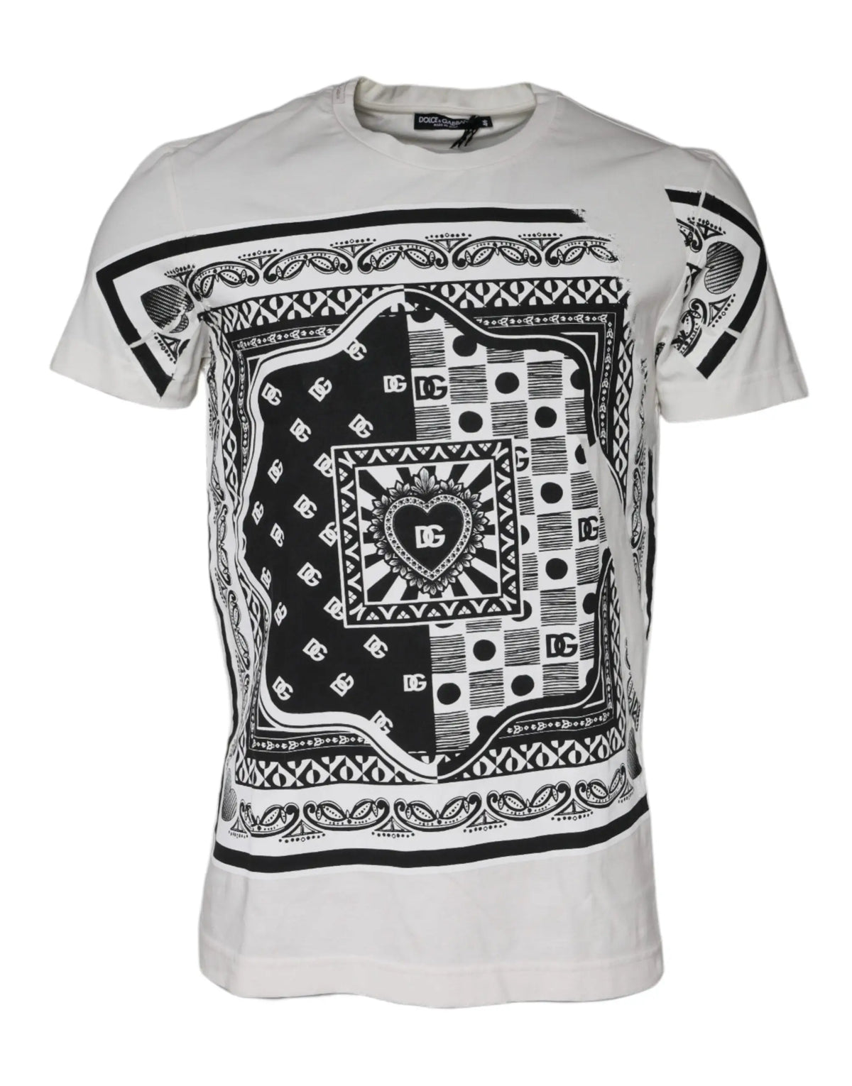 T-shirt blanc dolce & gabbana en coton avec imprimé bandana noir et motifs géométriques détaillés