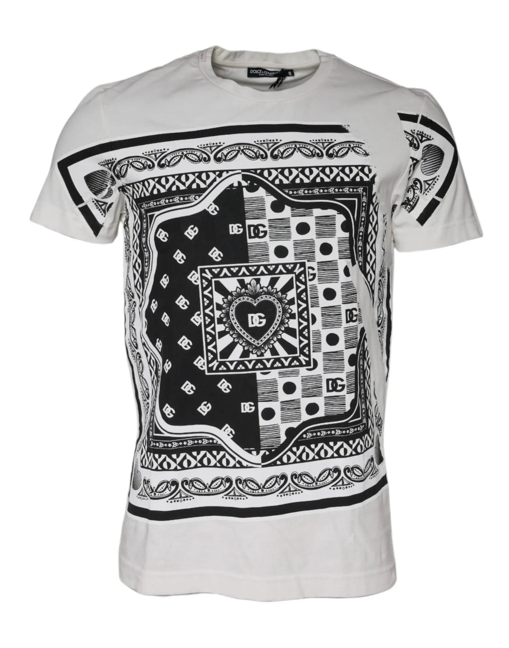 T-shirt dolce & gabbana blanc en coton à manches courtes avec imprimé bandana noir et motifs géométriques détaillés