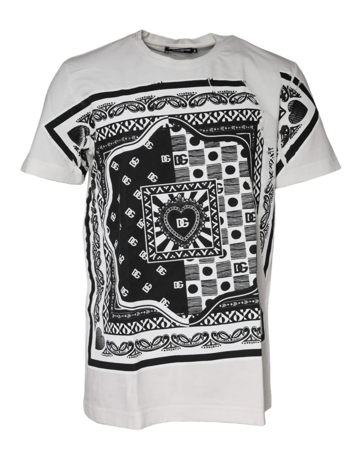 T-shirt blanc dolce & gabbana en coton à manches courtes avec imprimé bandana noir motifs et logos dc répétés