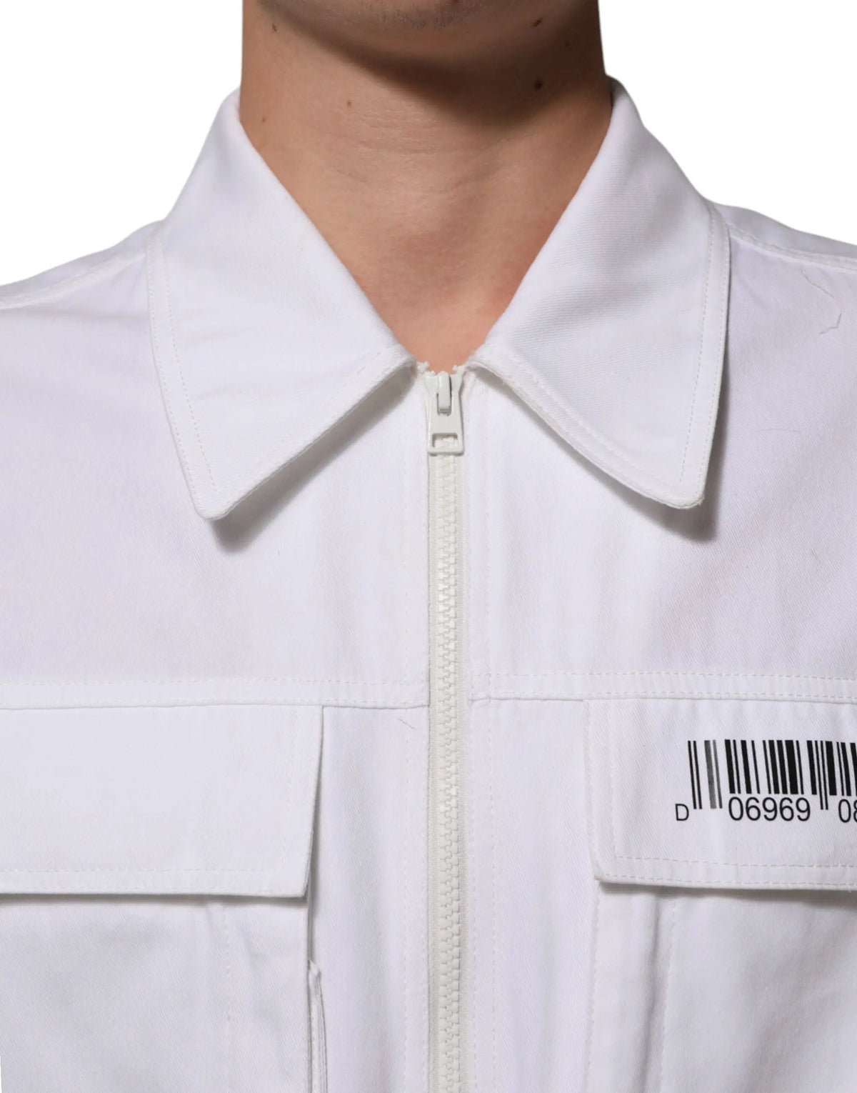 Veste de travail blanche en coton dolce & gabbana avec col, zip et poche poitrine avec code-barres