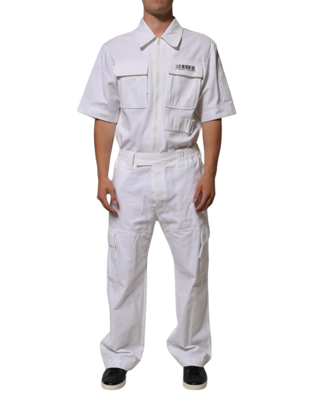 Combinaison de travail blanche dolce & gabbana avec fermeture éclair avant, poches poitrine et pantalon cargo