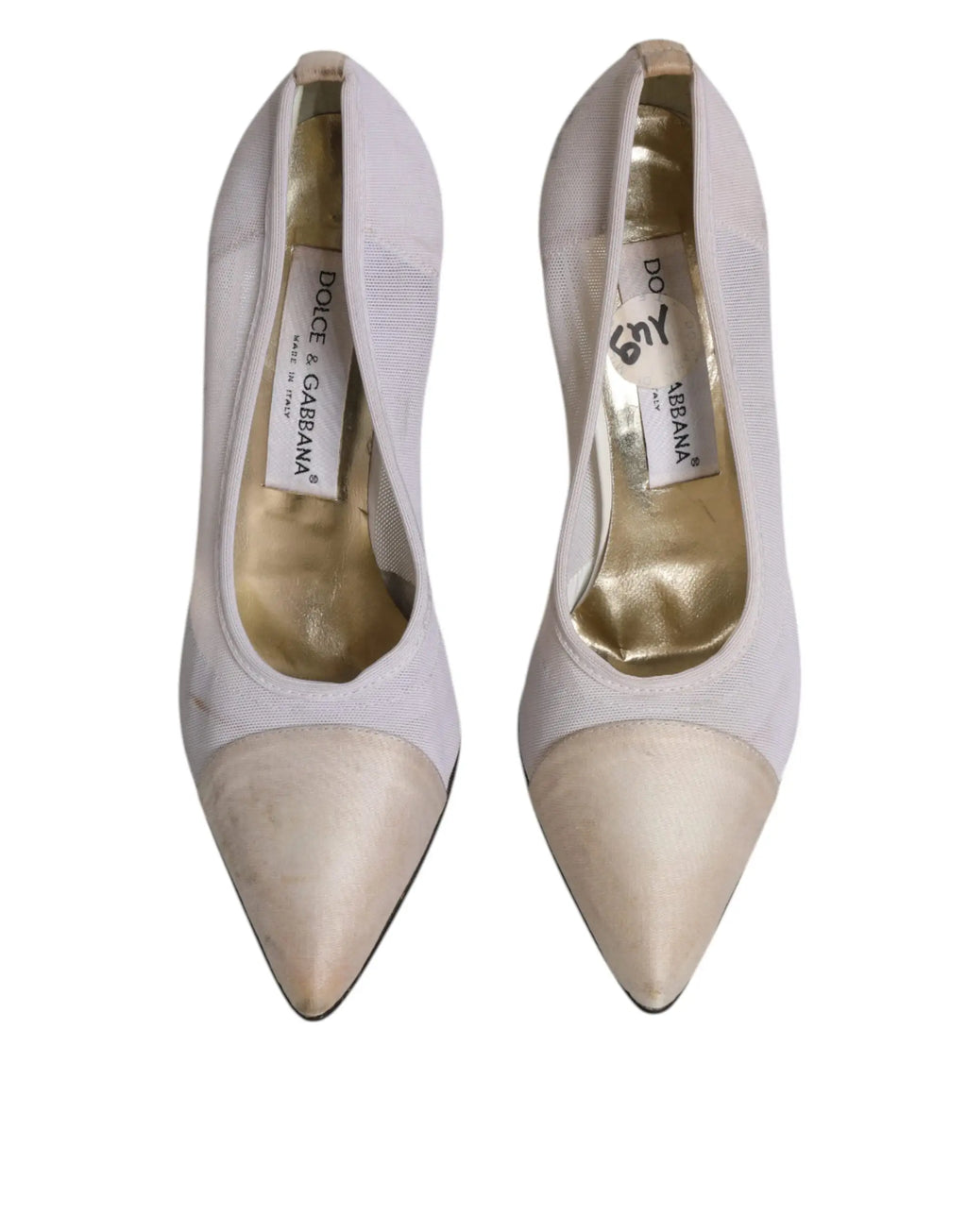 Dolce & gabbana pumps blanches et beige en cuir avec bout en satin et empeigne en mesh deux tons