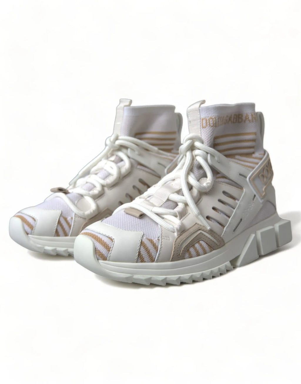 Baskets montantes dolce & gabbana sorrento blanches et beiges en mesh et cuir synthétique avec logo doré sur la languette