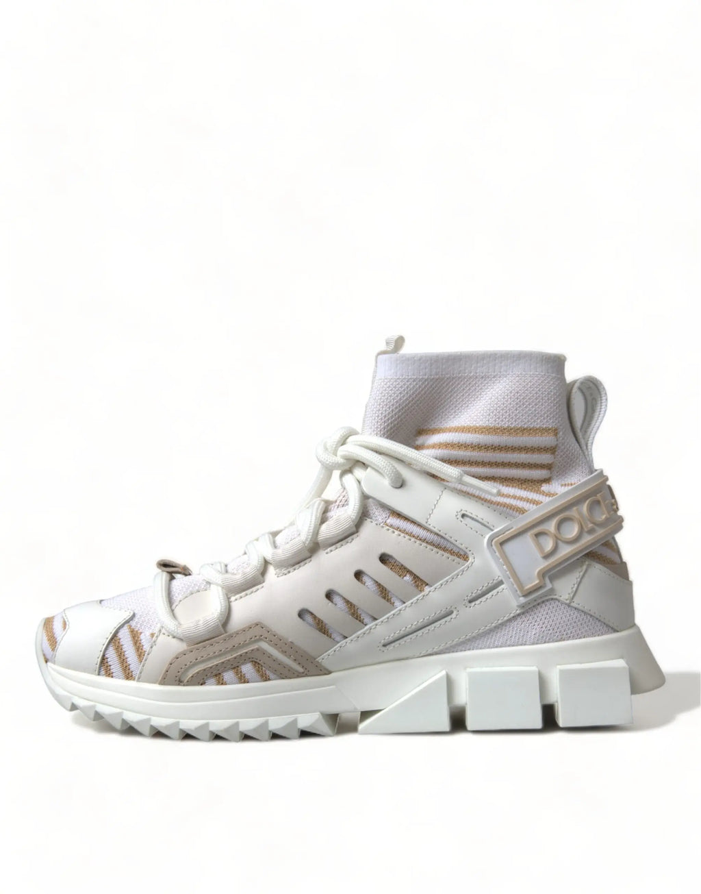 Baskets montantes dolce & gabbana sorrento blanches et beiges en mesh et suede avec detail a rayure metallique