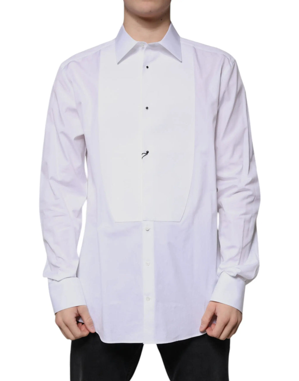 Chemise formelle dolce & gabbana blanche en popeline de coton avec plastron satin contrastant et boutons noirs