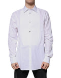 Chemise formelle blanche dolce & gabbana en popeline de coton avec plastron satiné contrastant et boutons noirs