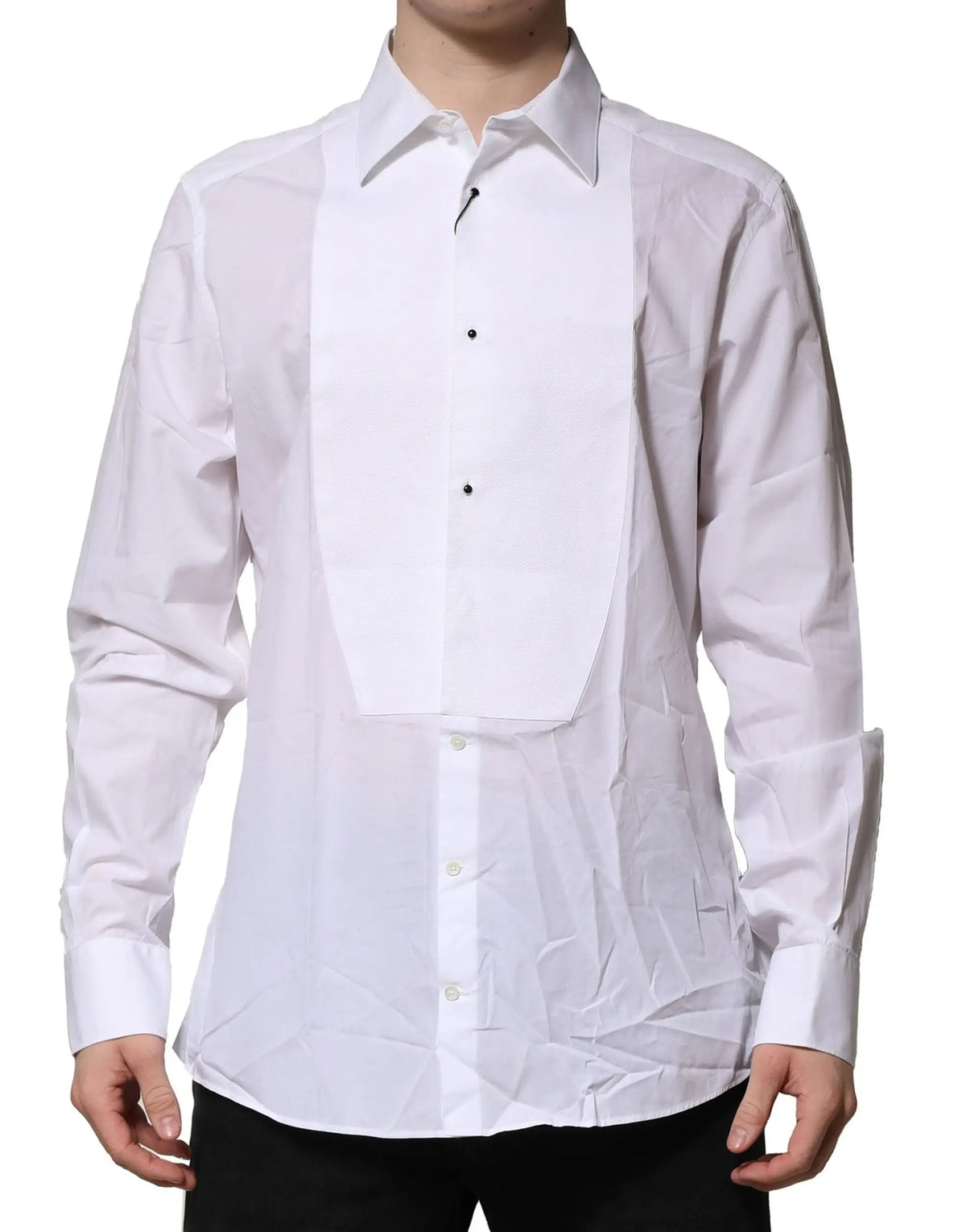 Chemise blanche dolce & gabbana en popeline de coton avec un plastron et des boutons noirs contrastants formelle