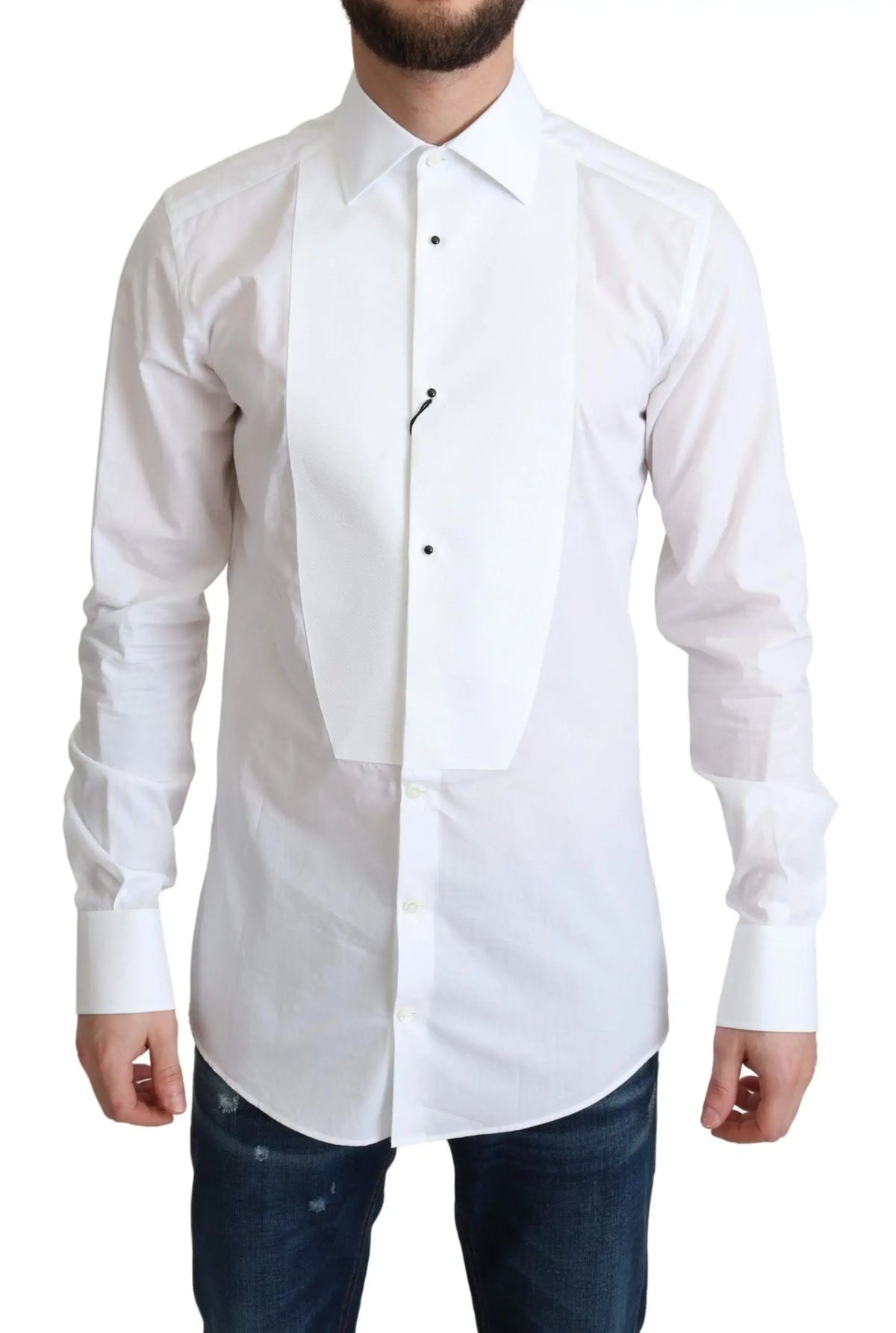 Chemise homme formelle dolce & gabbana blanche en popeline de coton avec boutons noirs et col pointu classique