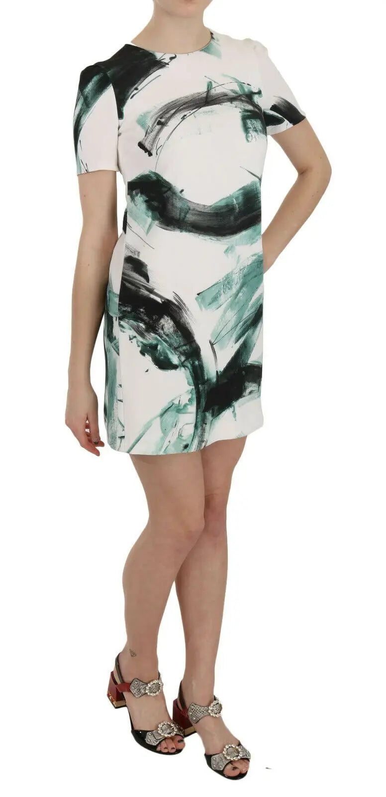 Robe courte dolce & gabbana blanche à manches courtes avec motifs abstraits verts et noirs en brushstroke