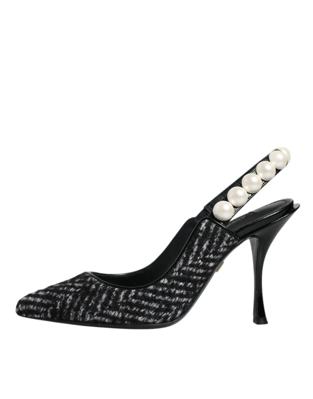 Dolce & gabbana slingback pump noir et argent en tissu texturé avec rangée de perles blanches fausses