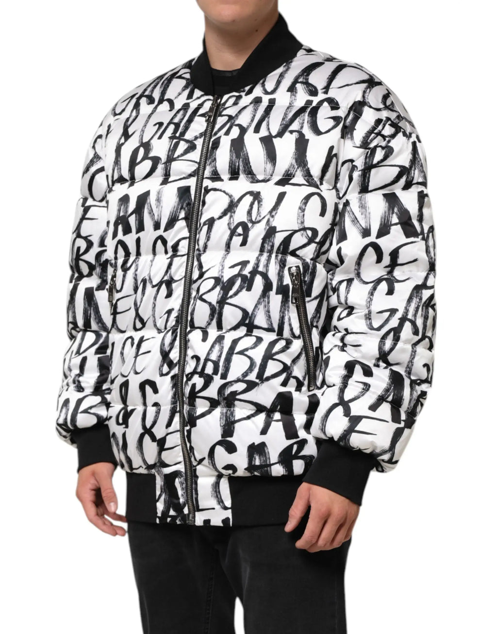 Dolce & gabbana white puffer bomber jacket with black gabriela brushstroke lettering on front and sleeves