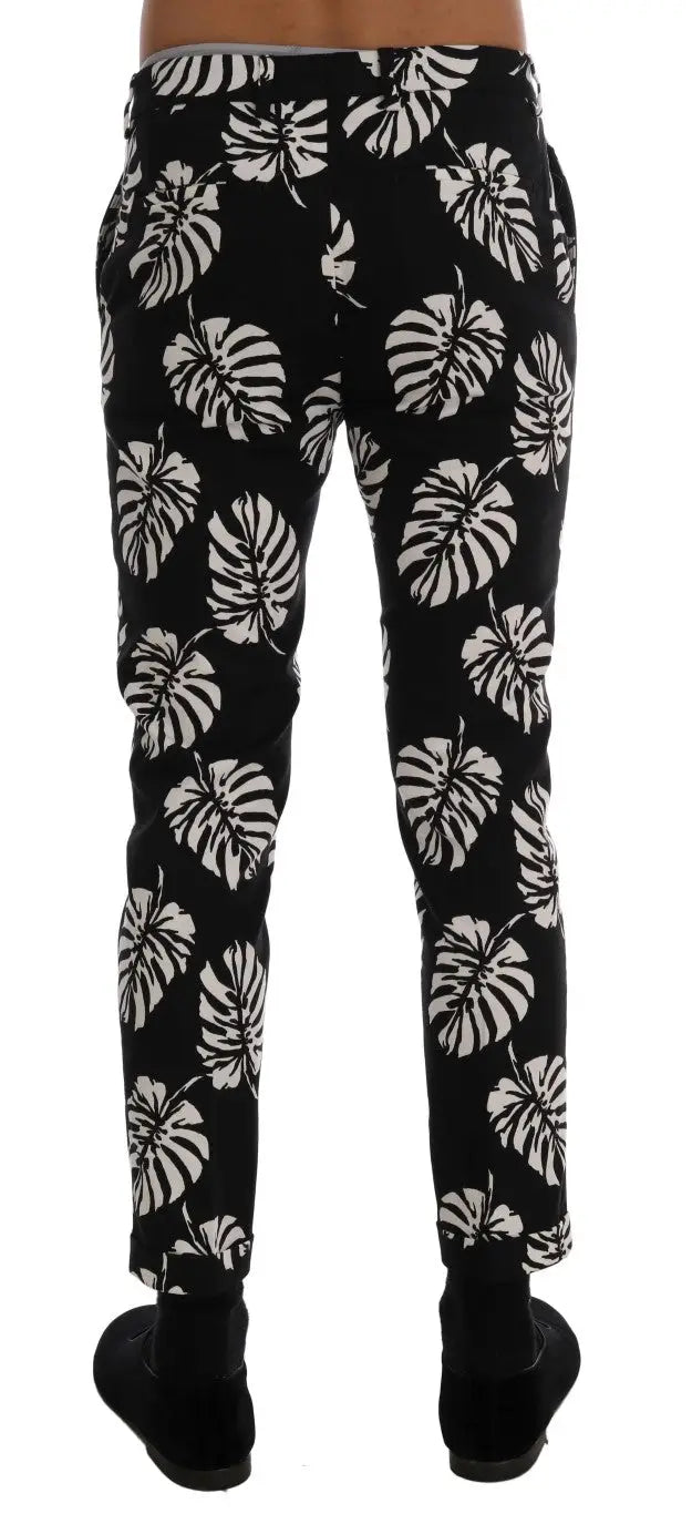 Pantalon slim noir dolce gabanna en coton stretch avec motif feuilles de monstera blanc audacieux
