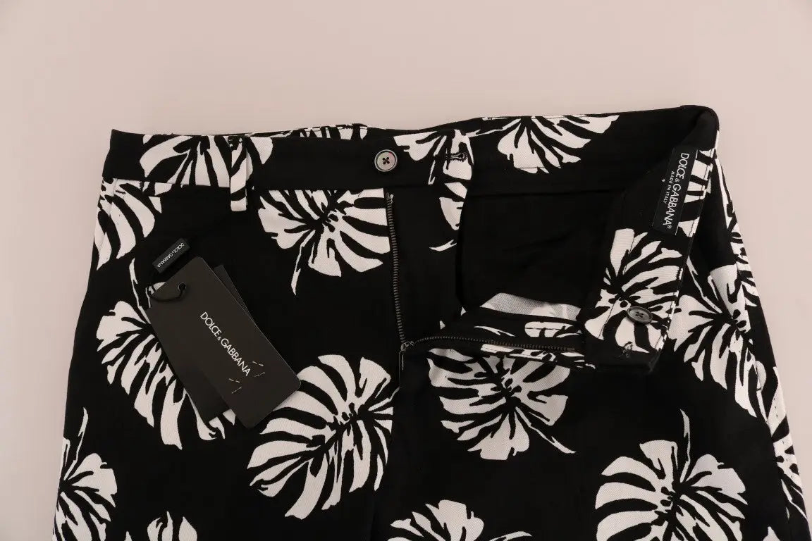 Pantalon slim en coton stretch blanc avec imprimé feuilles noires tropicales dolce gabbana