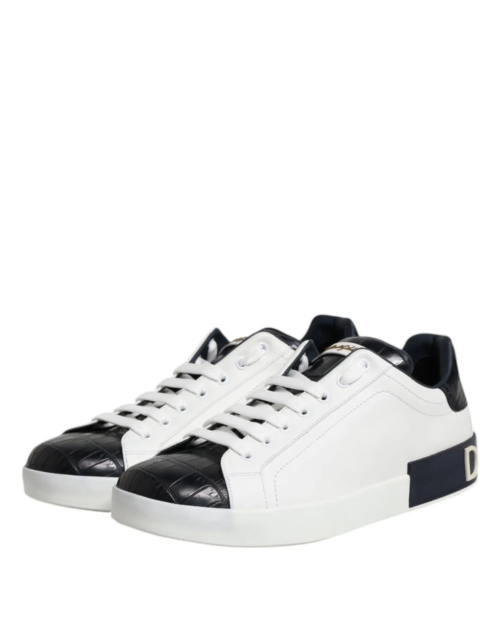 Baskets dolce & gabbana portofino blanches et noires en cuir avec bouts embossés crocodile et talon bleu marine logo