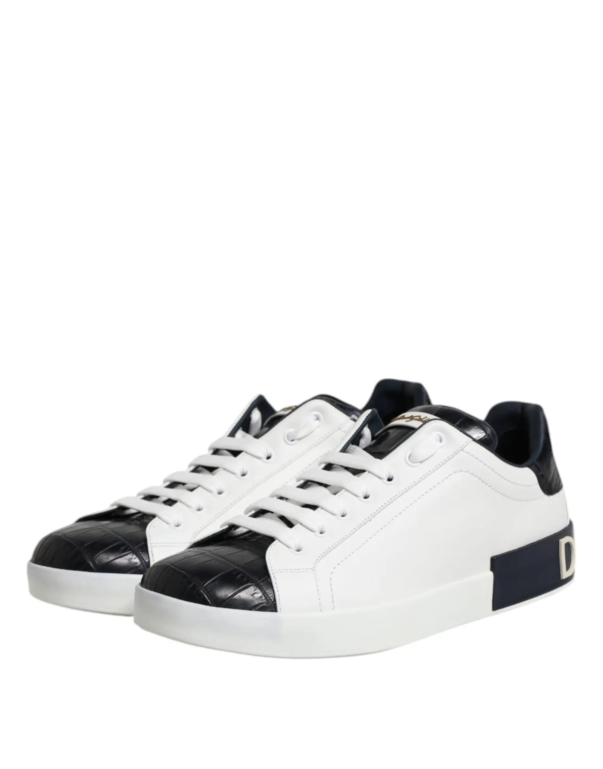 Baskets dolce & gabbana portofino blanches et noires en cuir avec bouts embossés crocodile et talon bleu marine logo