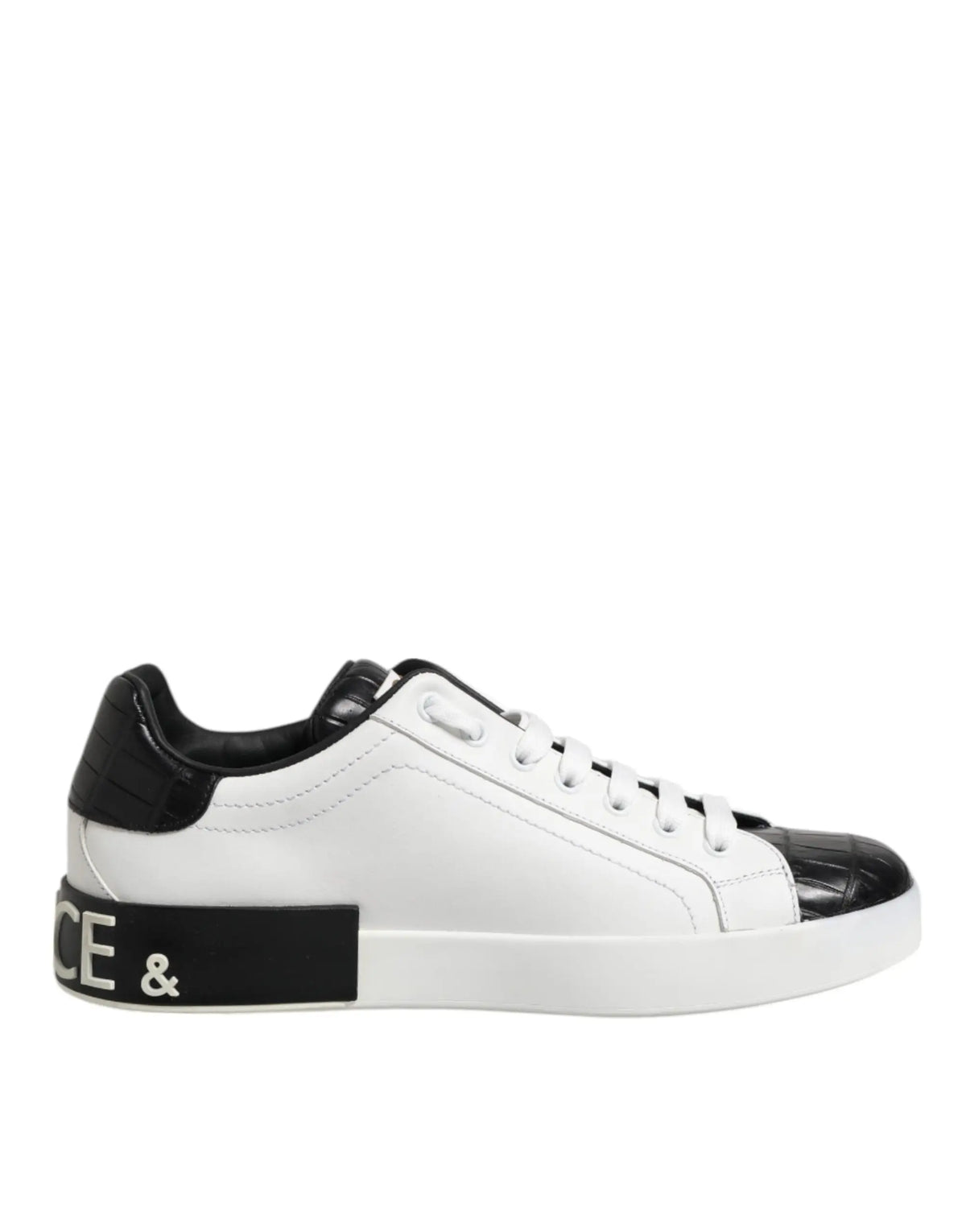 Baskets basses en cuir blanc et noir dolce gabbana avec embout embossé crocodile et logo bande contrastée