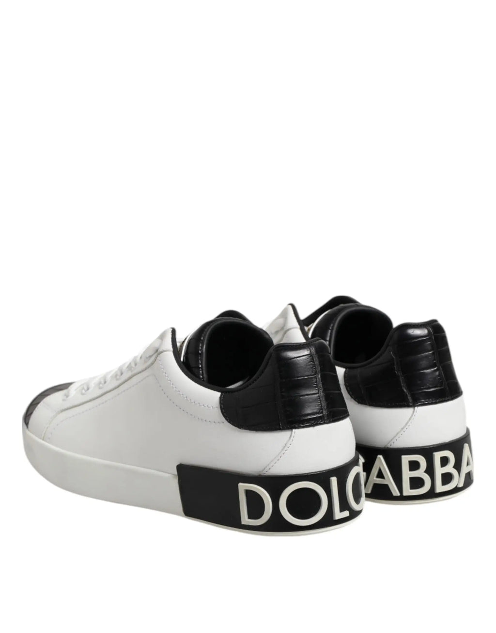 Vue arrière des baskets dolce gabbana portofino en cuir blanc et noir avec logo audacieux sur le talon