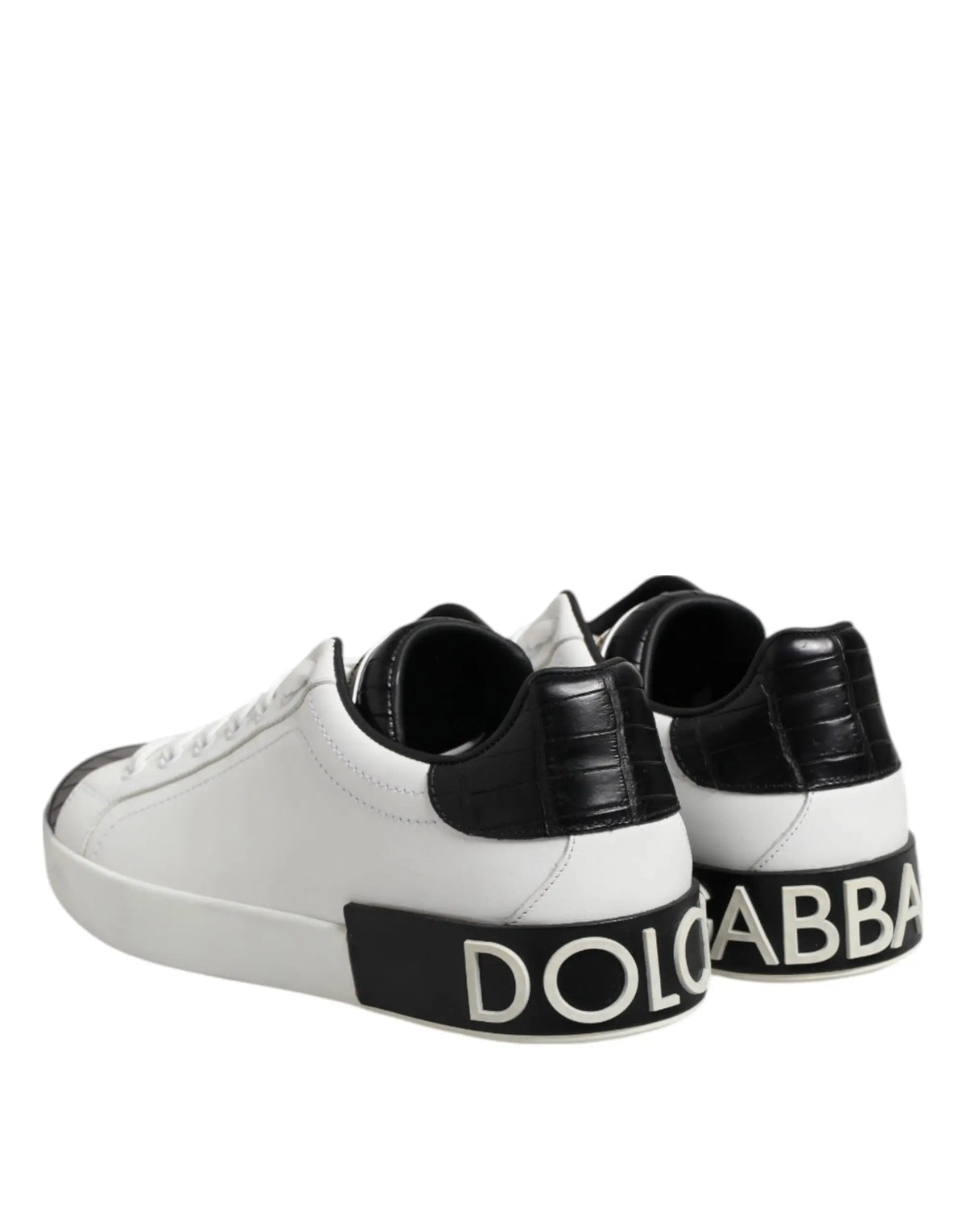 Vue arrière des baskets dolce gabbana portofino en cuir blanc et noir avec logo audacieux sur le talon