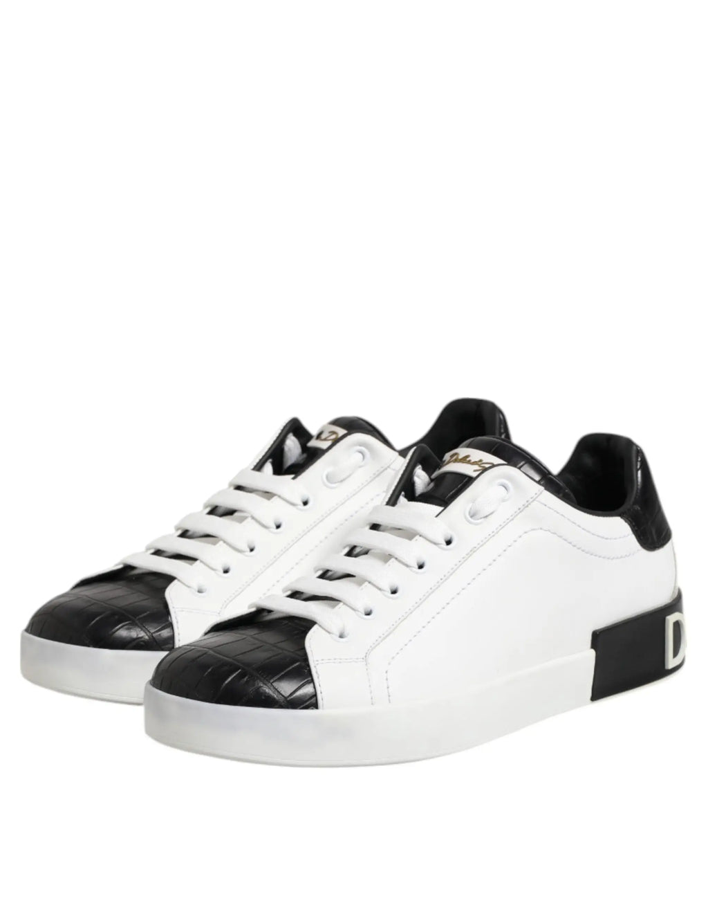 Sneakers dolce & gabbana blanches et noires en cuir avec bout en relief de crocodile et logo d bold au talon vue arrière