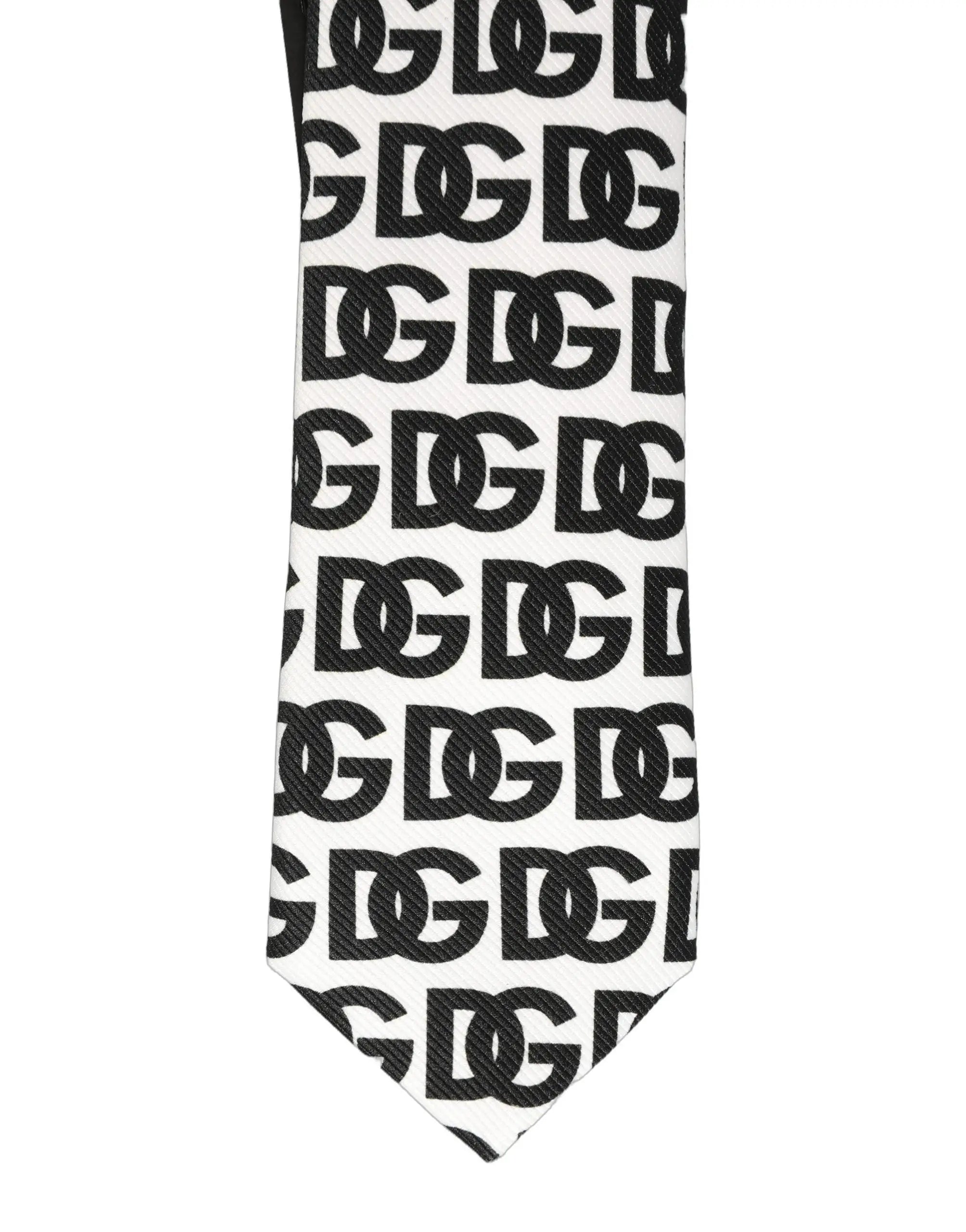 Cravate homme large ajustable en soie blanc noir avec motif logo dg de dolce gabbana