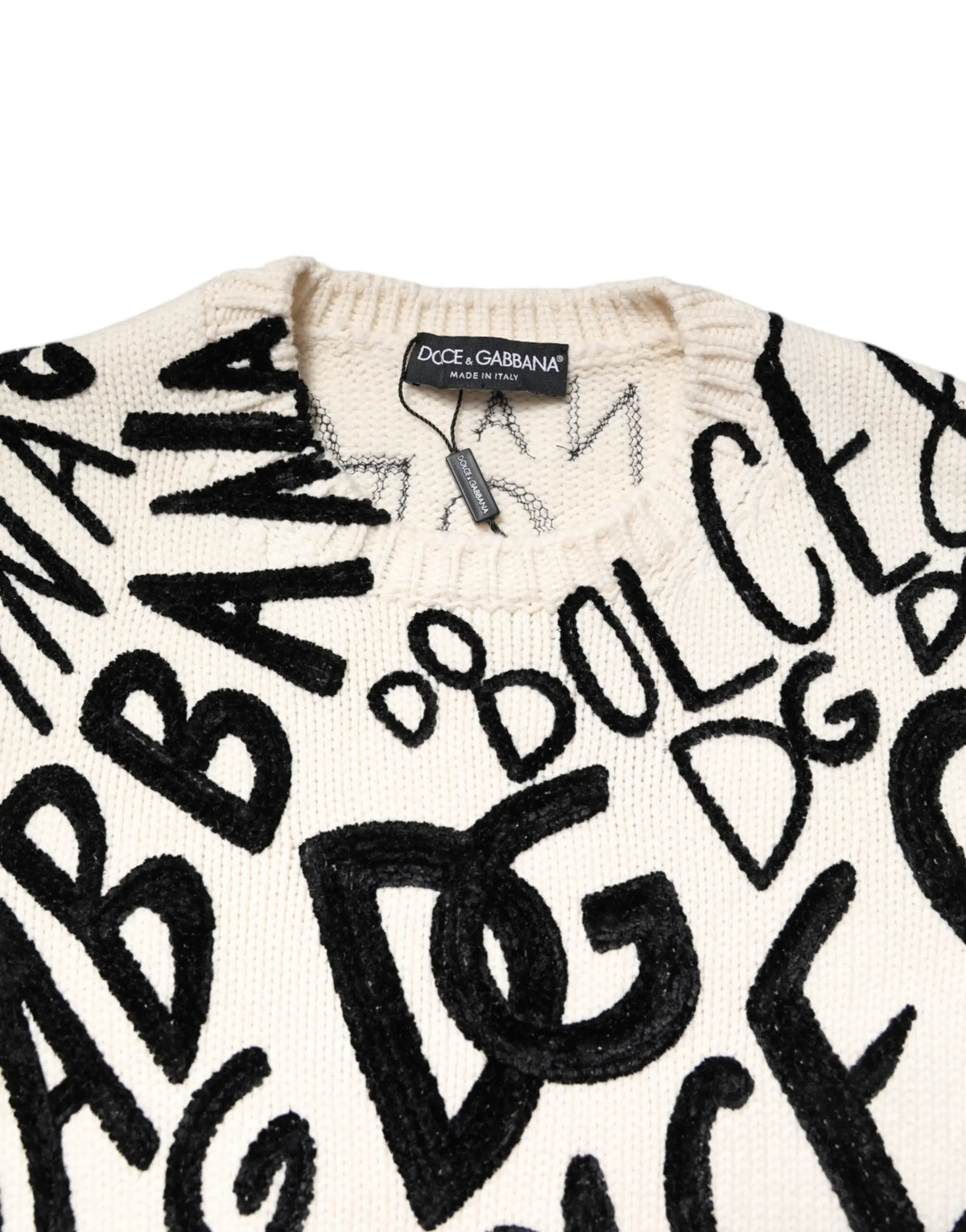 Pull femme dolce & gabbana crème avec motifs graffiti noirs audacieux et logos imprimés