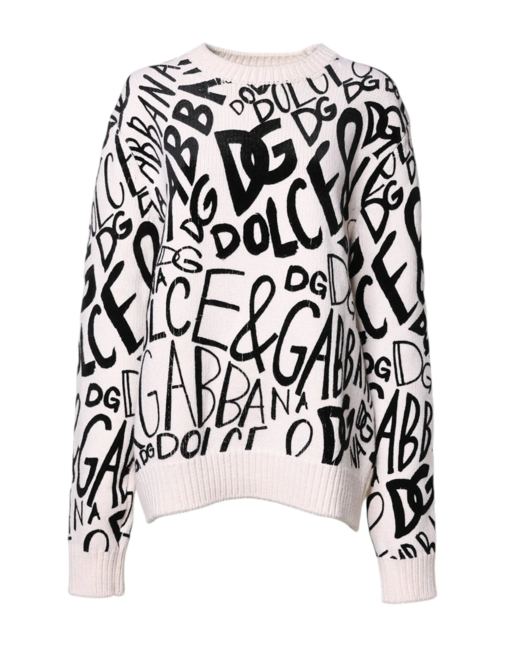 Pull en maille femme dolce gabbana blanc avec logo graffiti noir audacieux sur le devant et les manches