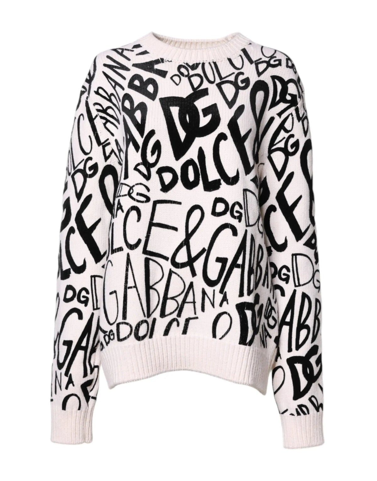 Pull en maille femme dolce gabbana blanc avec logo graffiti noir audacieux sur le devant et les manches