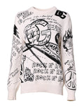 Dolce & gabbana white black logo print women pullover sweater with bold black graffiti rock n roll graphics