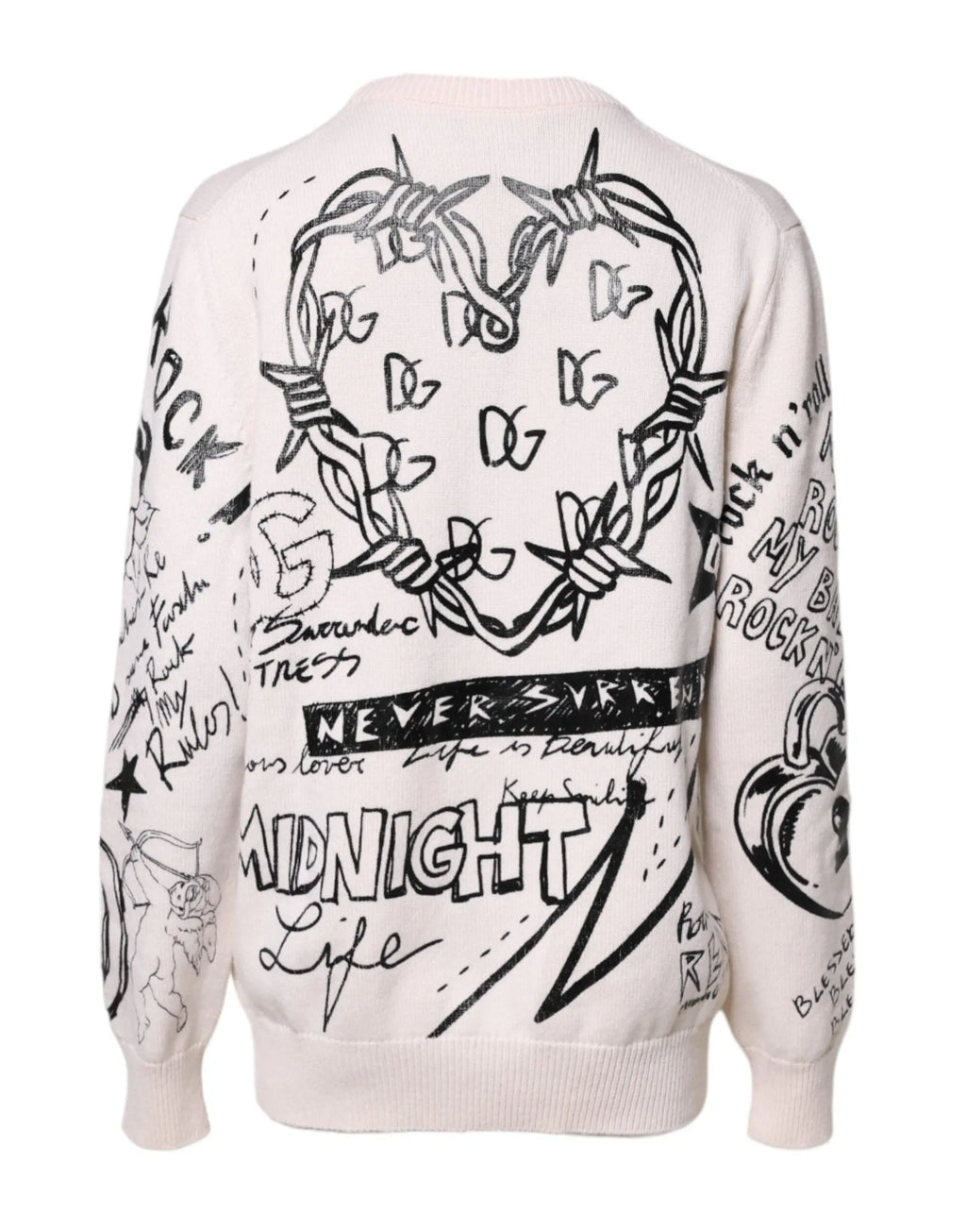 Pull over femme dolce et gabbana blanc et noir en maille avec design graphique coeur en fil barbelé et texte graffiti