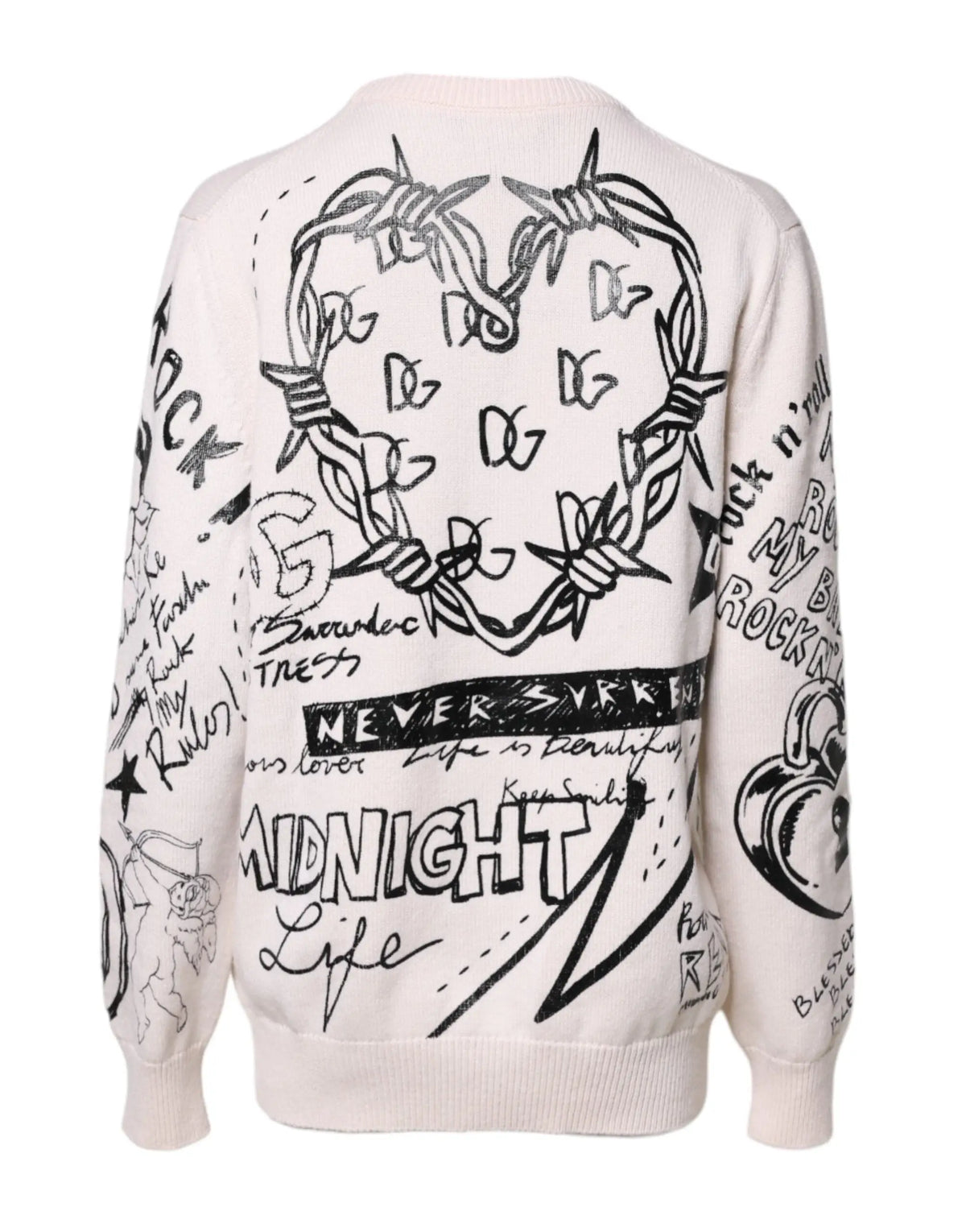 Pull over femme dolce et gabbana blanc et noir en maille avec design graphique coeur en fil barbelé et texte graffiti