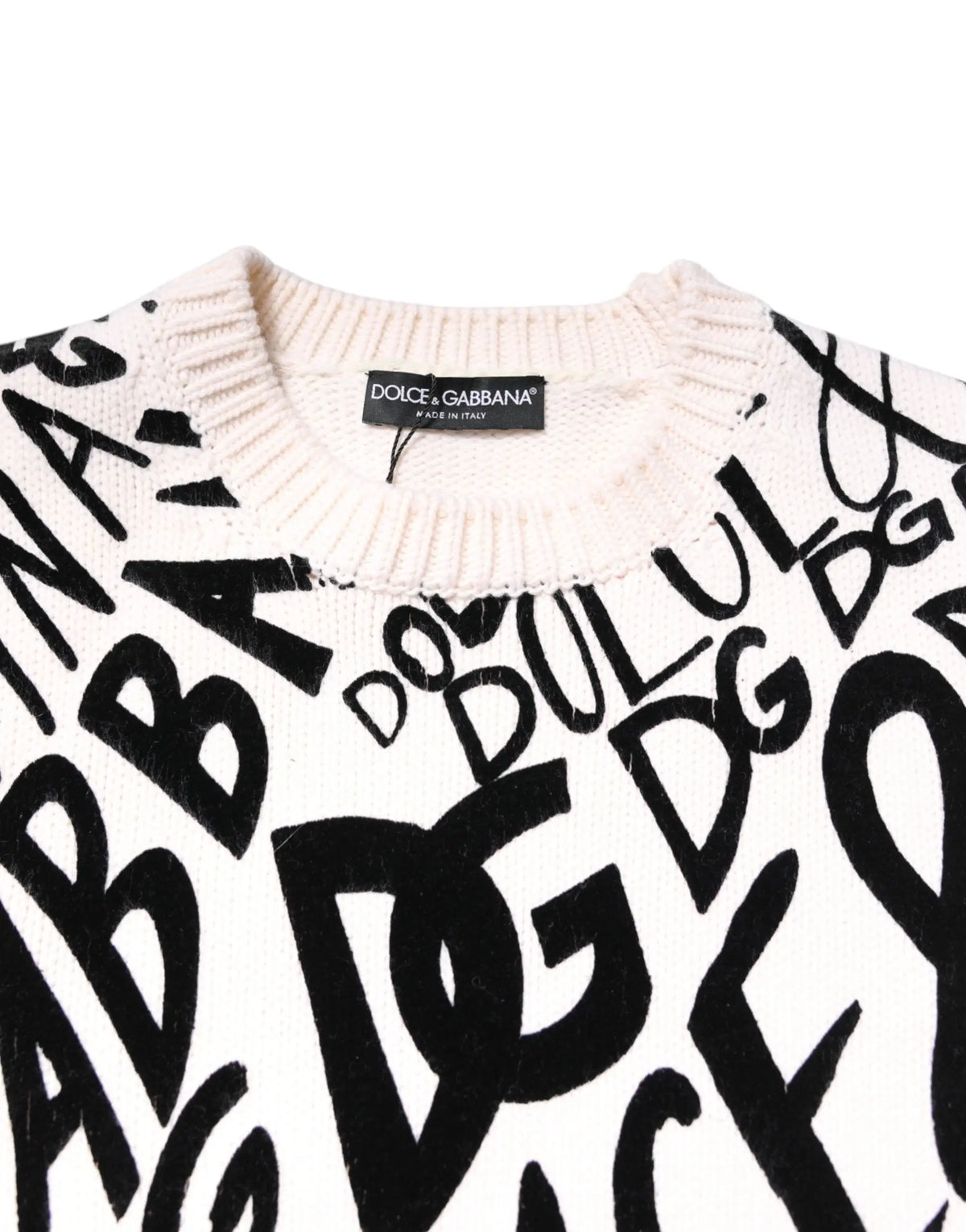 Pull à manches longues dolce & gabbana blanc avec motifs logo noir graffiti pour femme