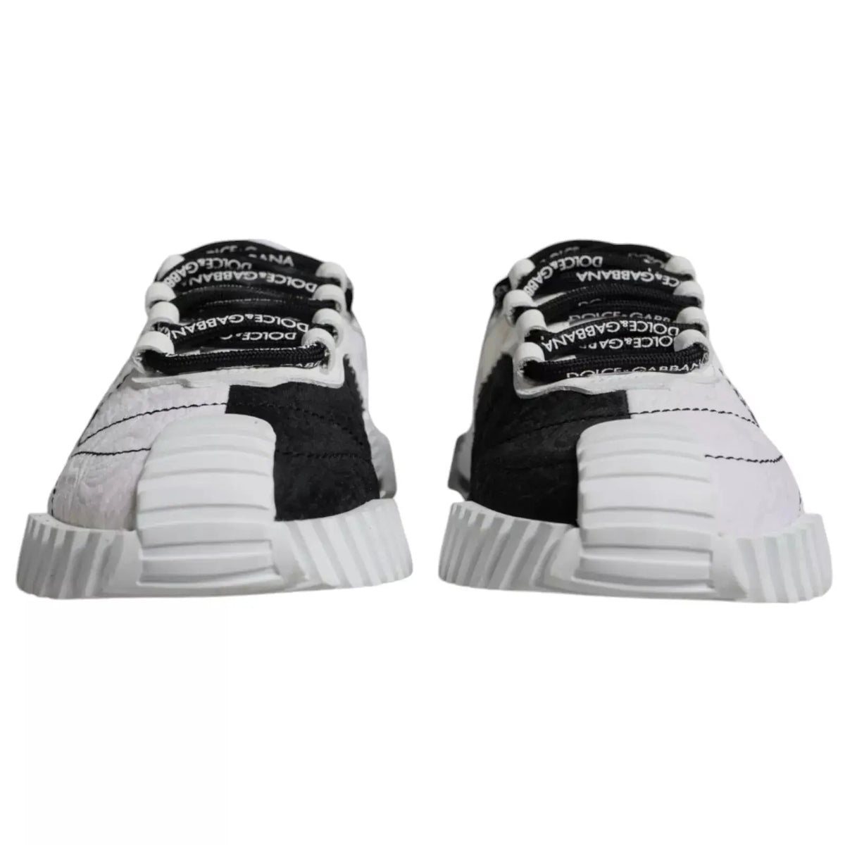Baskets basses dolce & gabbana noires et blanches avec logos répétitifs sur les lacets et semelle épaisse texturée