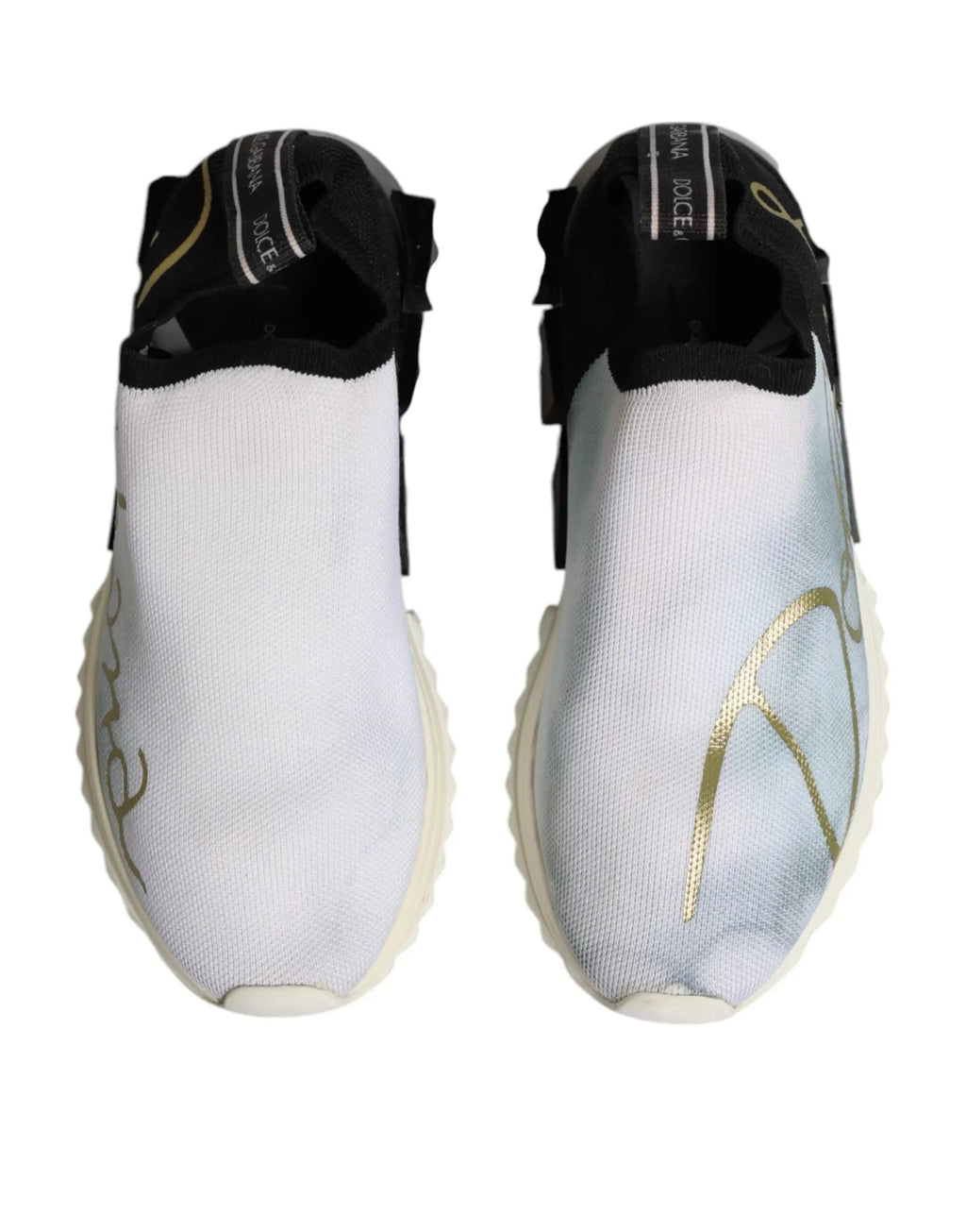 Dolce & gabbana sneakers basses sorrento blanches et noires avec dessus en maille texturée blanche et logo métallique doré