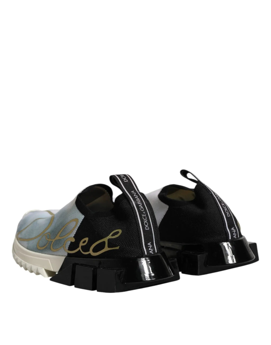 Dolce & gabbana white black low top sorrento sneakers with black silver slip on design gold cursive lettering and glossy sole