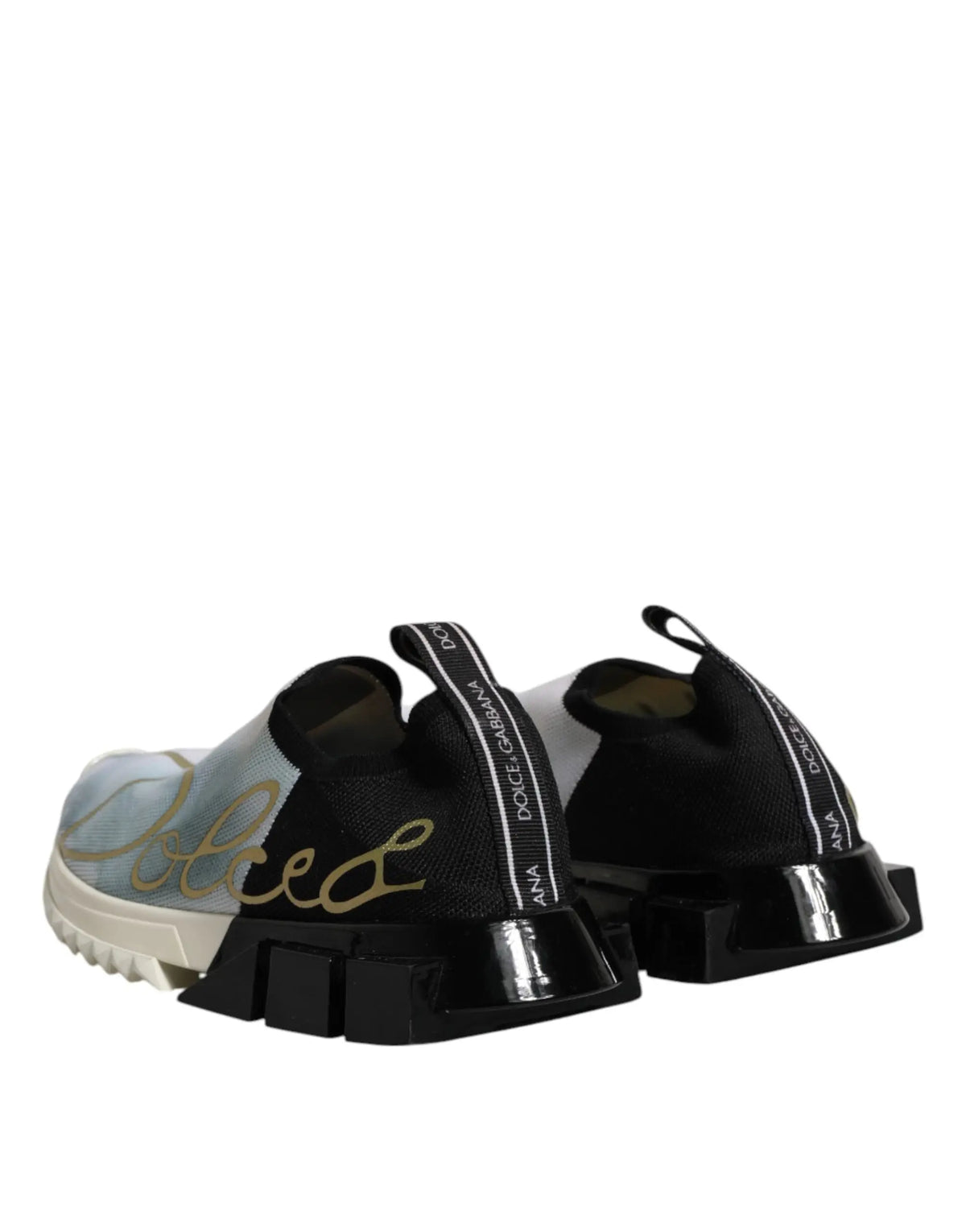 Dolce & gabbana white black low top sorrento sneakers with black silver slip on design gold cursive lettering and glossy sole